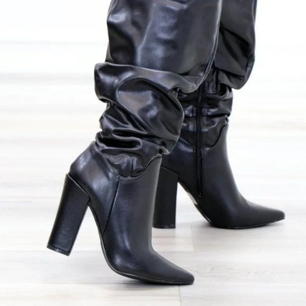 Black Synthetic Leather Thigh High Trendy Boots - Picture 8 of 15